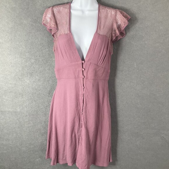 Free People Dress Womens Sz M Bliss Blush Button Up Sheer Lace Flutter Sleeve - Picture 1 of 11